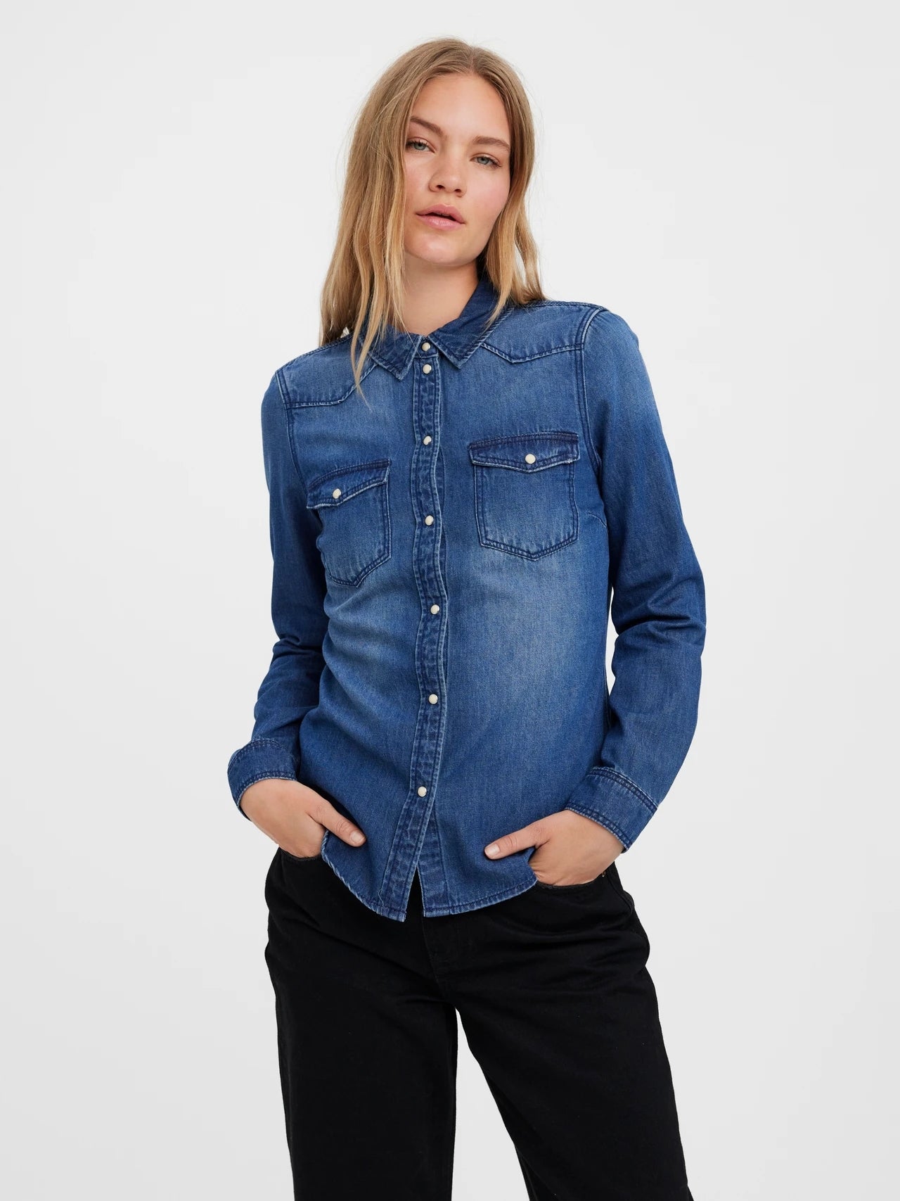 Vero moda camicia m/l in jeans mod. maria ls denim slim shirt mix new noos