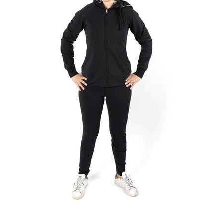 Tuta zip lunga cappuccio con panta legging scritta sulla gamba