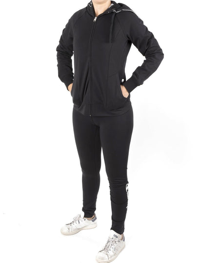 Tuta zip lunga cappuccio con panta legging scritta sulla gamba