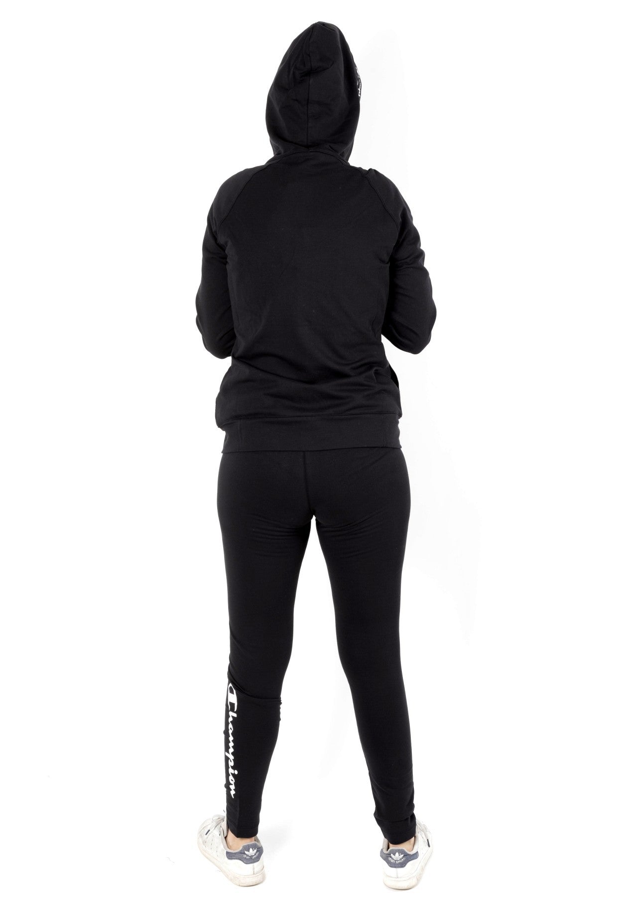 Tuta zip lunga cappuccio con panta legging scritta sulla gamba