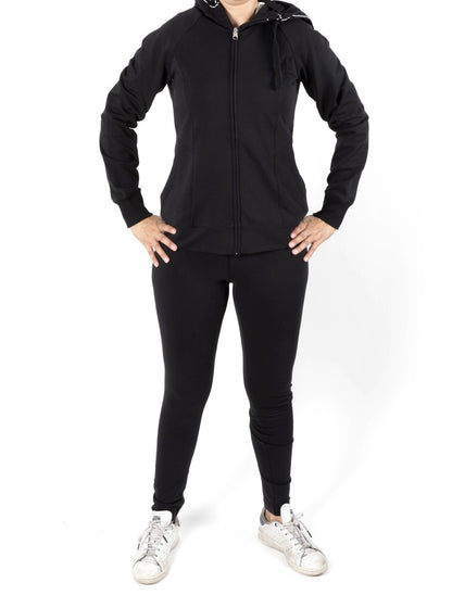 Tuta zip lunga cappuccio con panta legging scritta sulla gamba