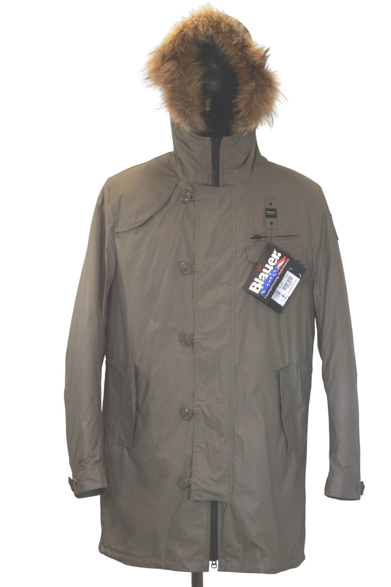 Blauer parka uomo con imbottitura scaccabile e cappuccio con pelo naturale