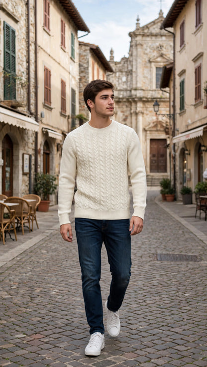 Maglia in lana giro collo con treccie "LANEROSSI"