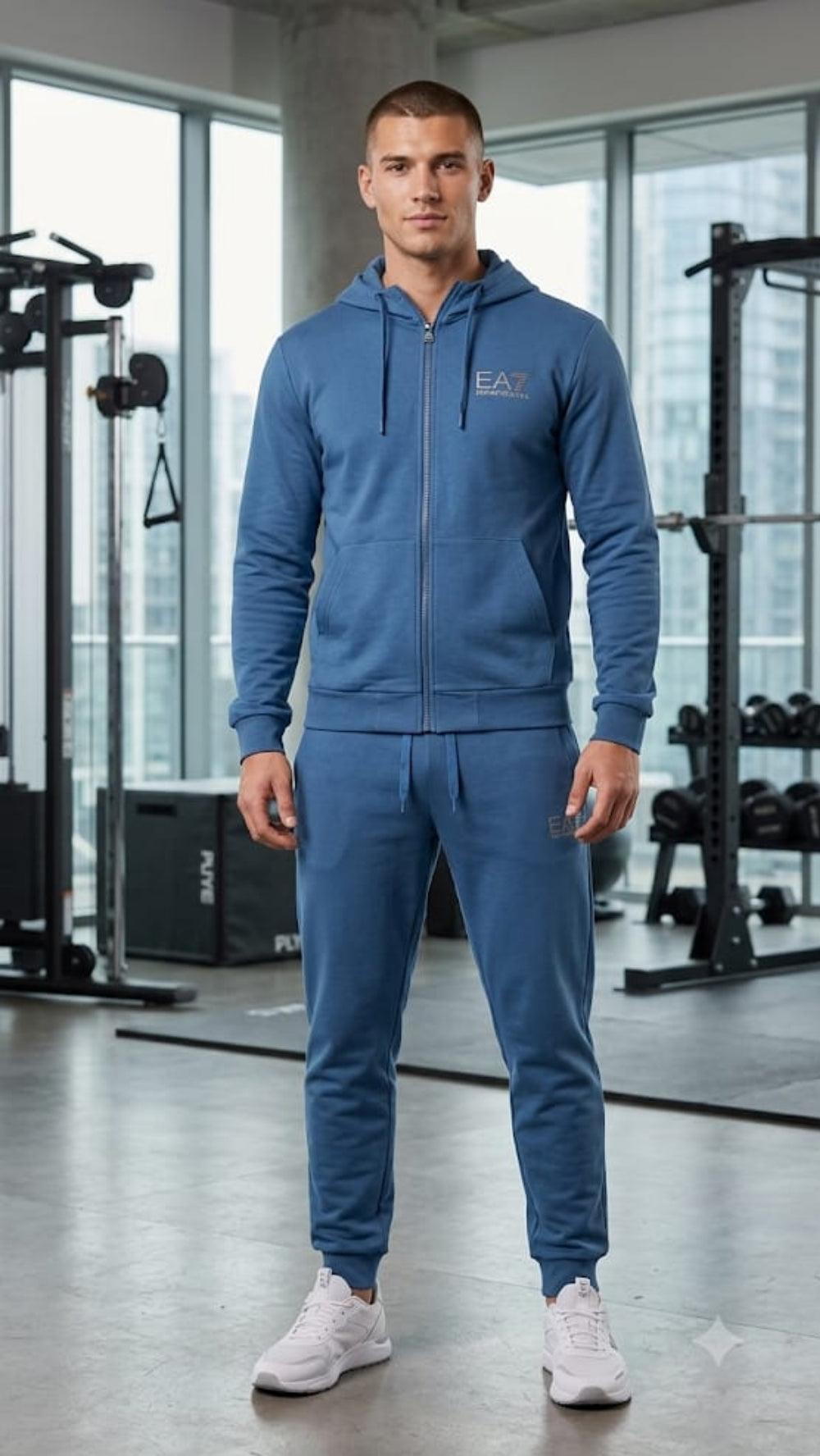 EA7 tuta zip lunga cappuccio in felpa di cotone pantalone con polsino