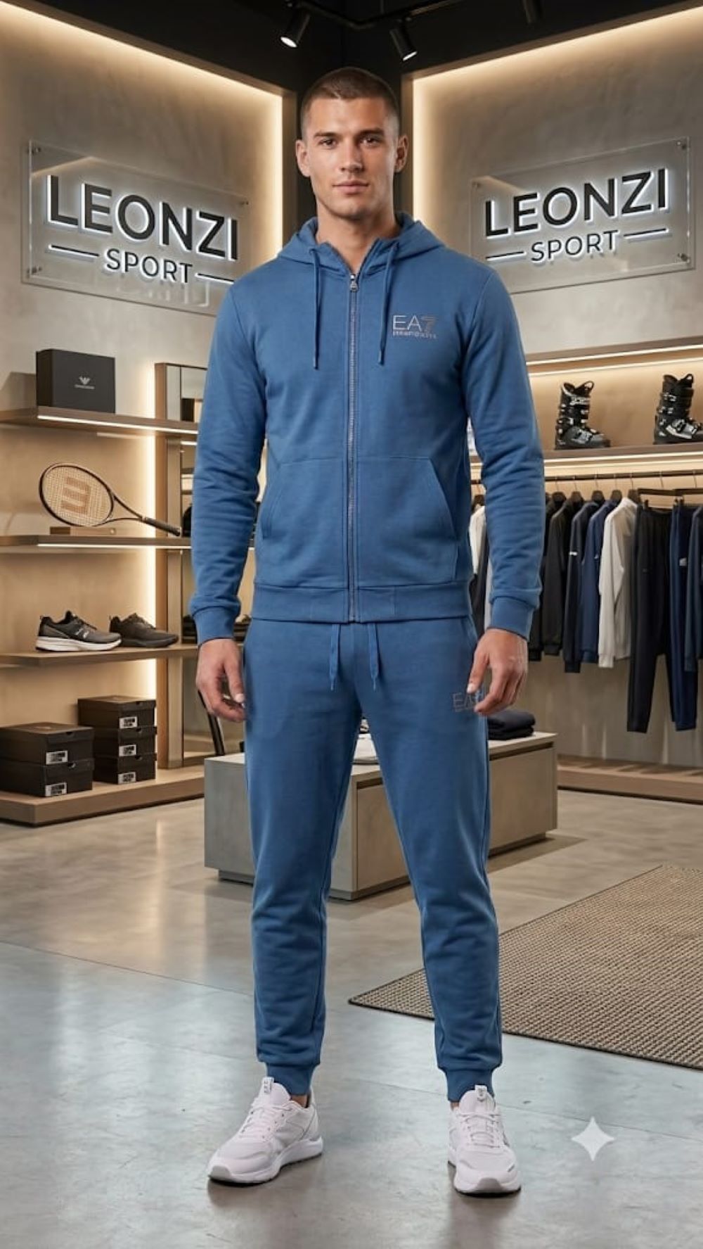 EA7 tuta zip lunga cappuccio in felpa di cotone pantalone con polsino