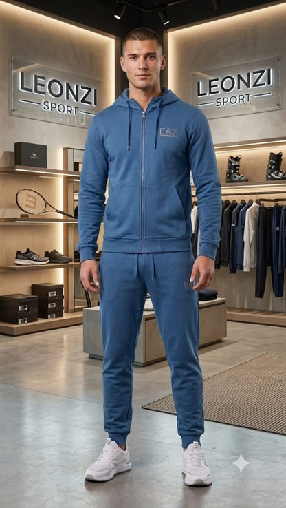 EA7 tuta zip lunga cappuccio in felpa di cotone pantalone con polsino