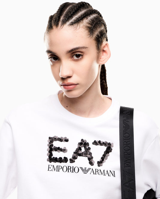 EA7 Felpa girocollo Logo Series in misto cotone con paillettes