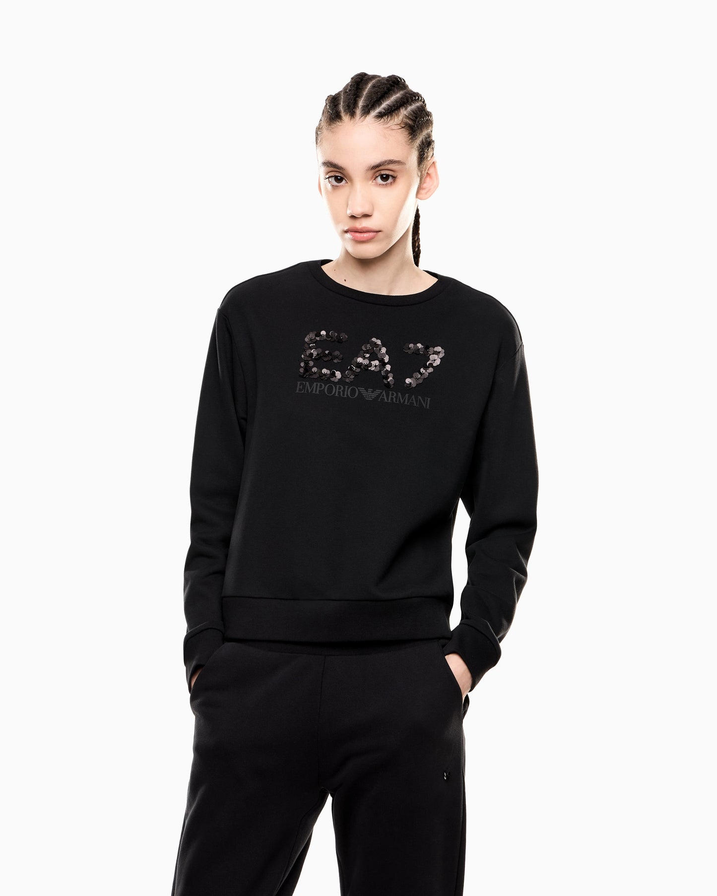 EA7 Felpa girocollo Logo Series in misto cotone con paillettes