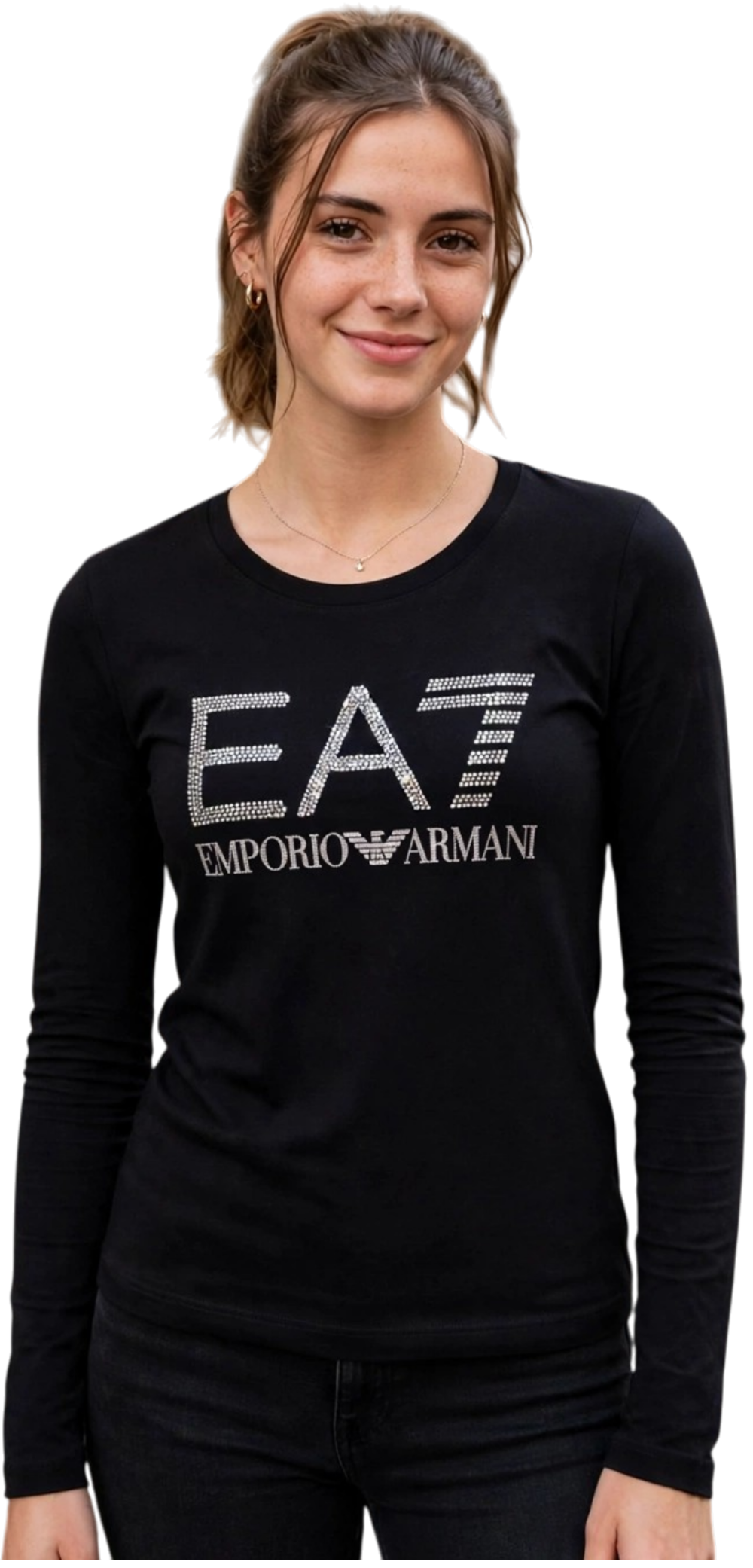EA7 t-shirt manica lunga con il logo argento con brillantini