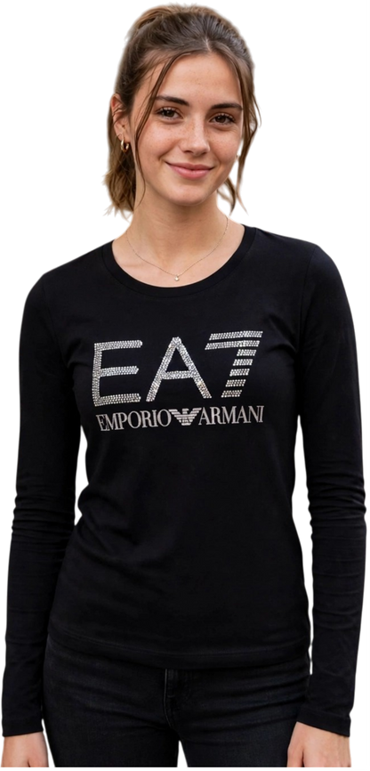 EA7 t-shirt manica lunga con il logo argento con brillantini