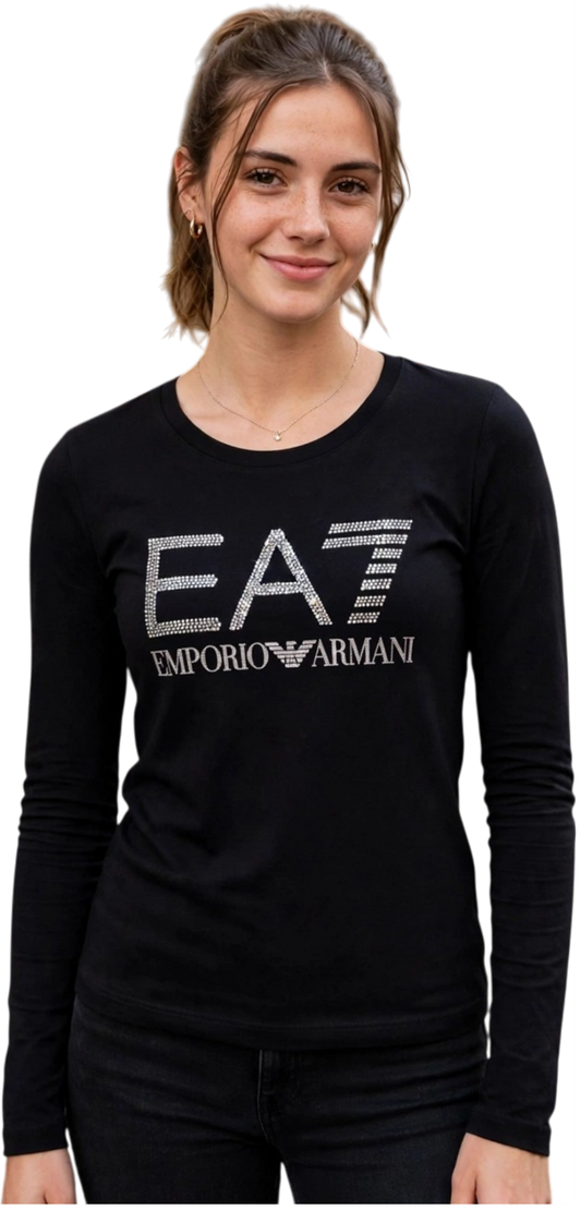 EA7 t-shirt manica lunga con il logo argento con brillantini