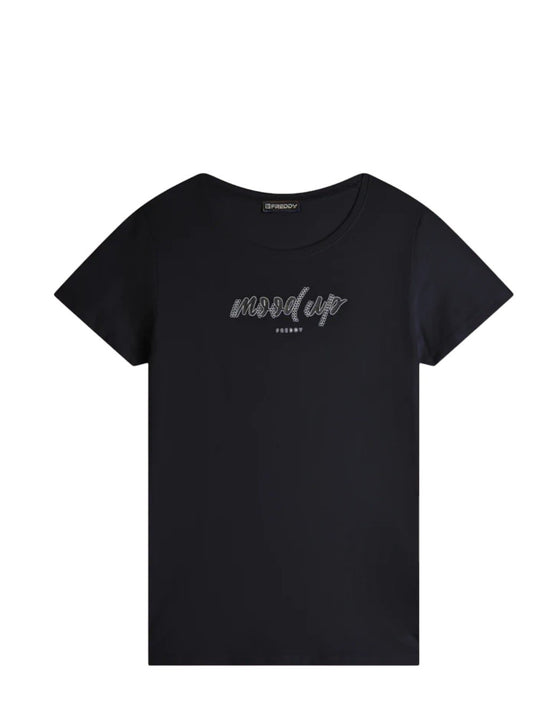 Freddy T-shirt donna girocollo con scritta decorata da strass