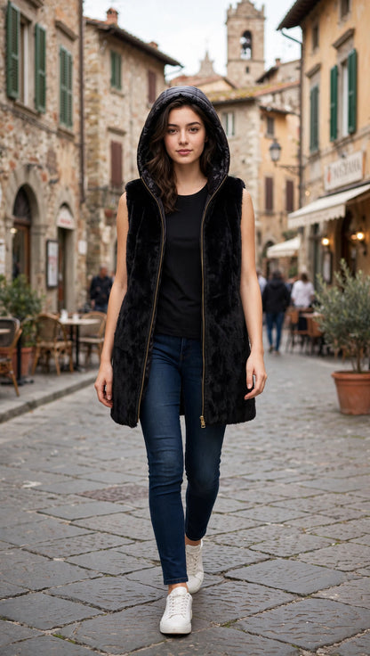Yes-Zee Gilet in pelliccia con cappuccio