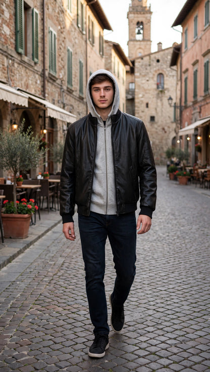 Yes-Zee giaccone in pelle ecologica con cappuccio in felpa staccabile