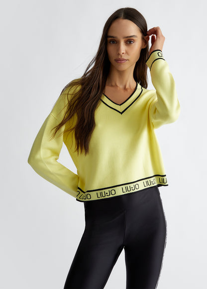 Liu-jo maglia scollo a V in misto seta con loghi